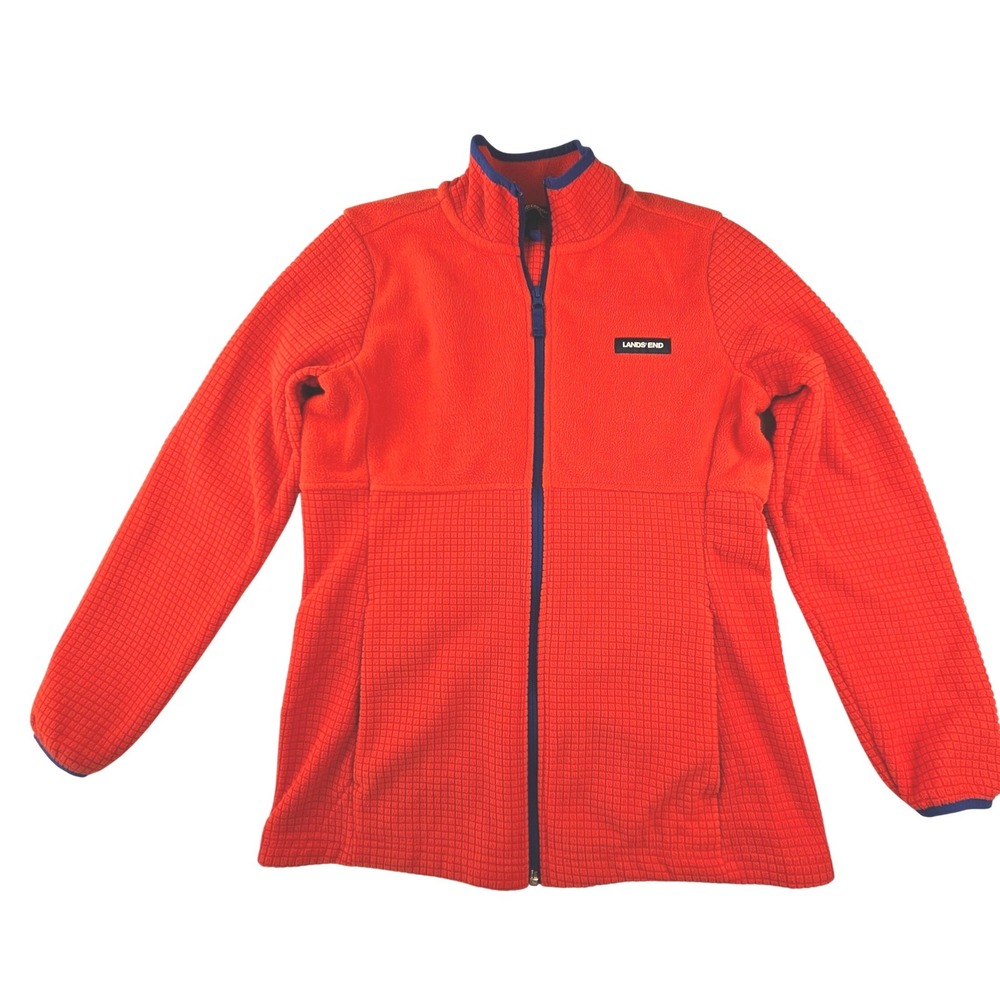 Lands End Womens Small 6-8 Orange Waffle Grid Full Zip Fleece Jacket Blue Trim